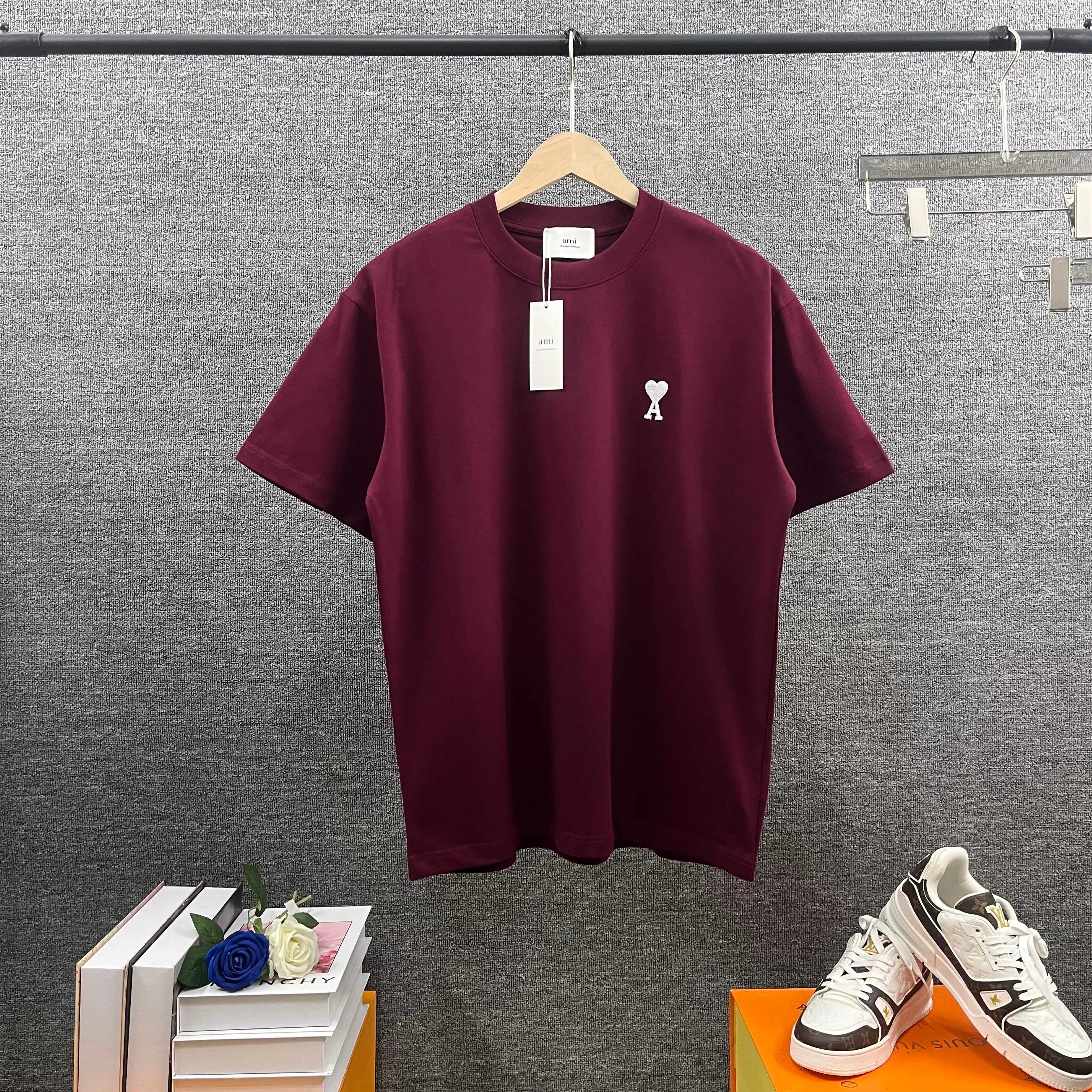A*mi *Love 2026 Spring and Summer Style Classic simple embroidery small love logo embroidery Double yarn custom plain cotton fabric Short-sleeved T-shirt Men and women Same Style Color: Black White Gray Wine Red Size: S (90-130 pounds) M (120-150 pounds) L (140-165 pounds) XL (160-180 pounds) XXL (180-210 pounds)